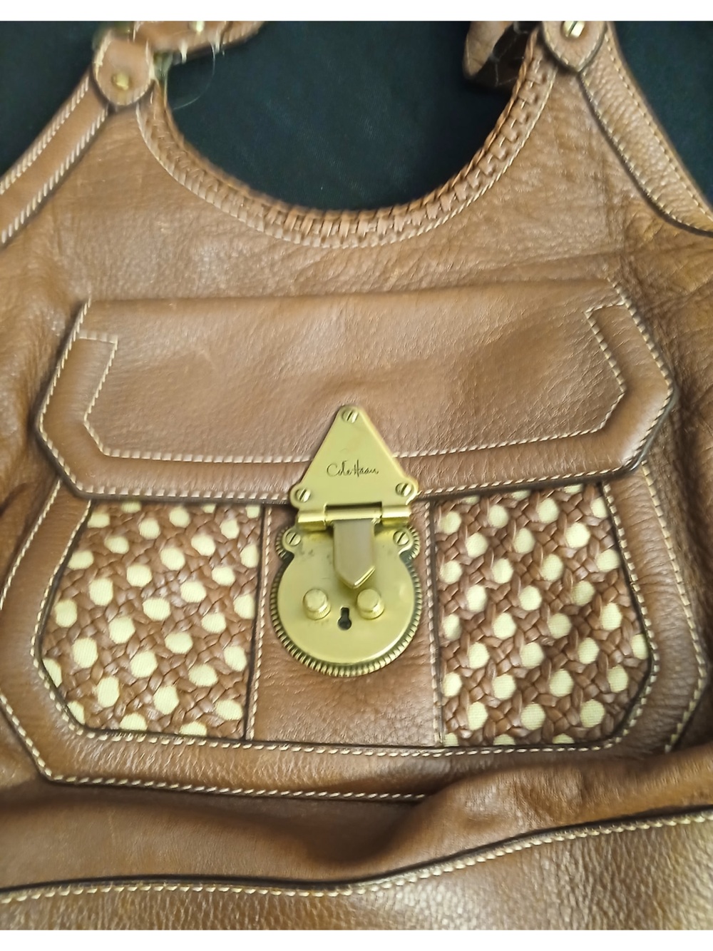 Cole Haan Tan Woven Leather Shoulder Bag with Gold Lock - Picture 3 of 16
